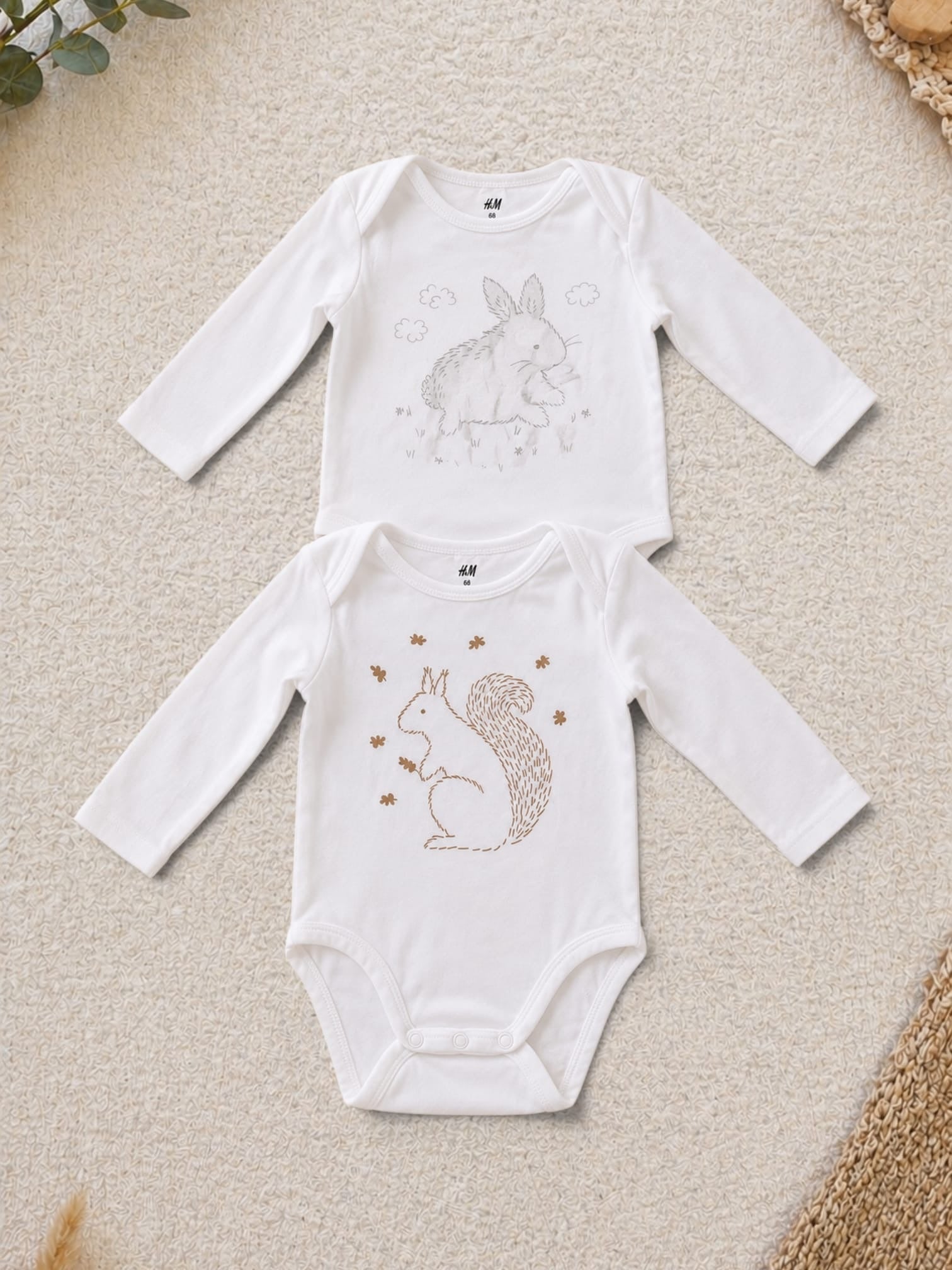 H&M 2er-Pack Langarm-Body Weiss Hase & Eichhörnchen-Print
