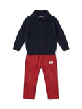 Strickpullover mit Hose Marineblau Rot
