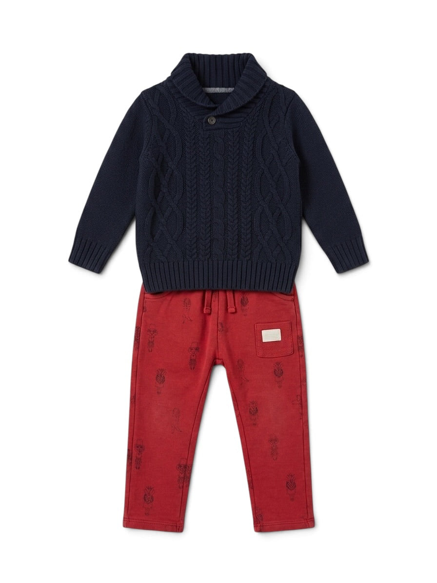 Strickpullover mit Hose Marineblau Rot