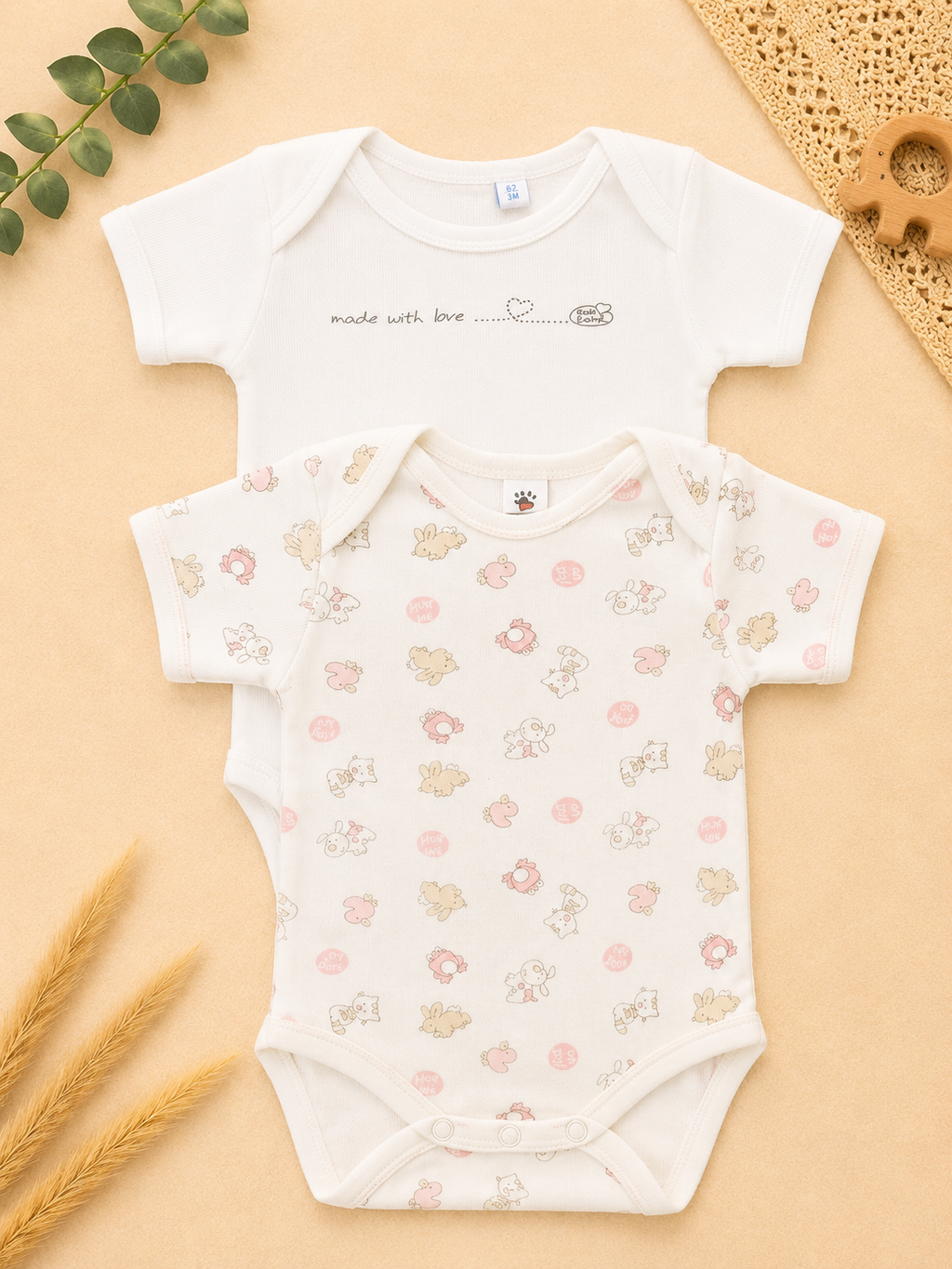 2er-Set Kurzarmbodys in Creme mit Tiermotiven