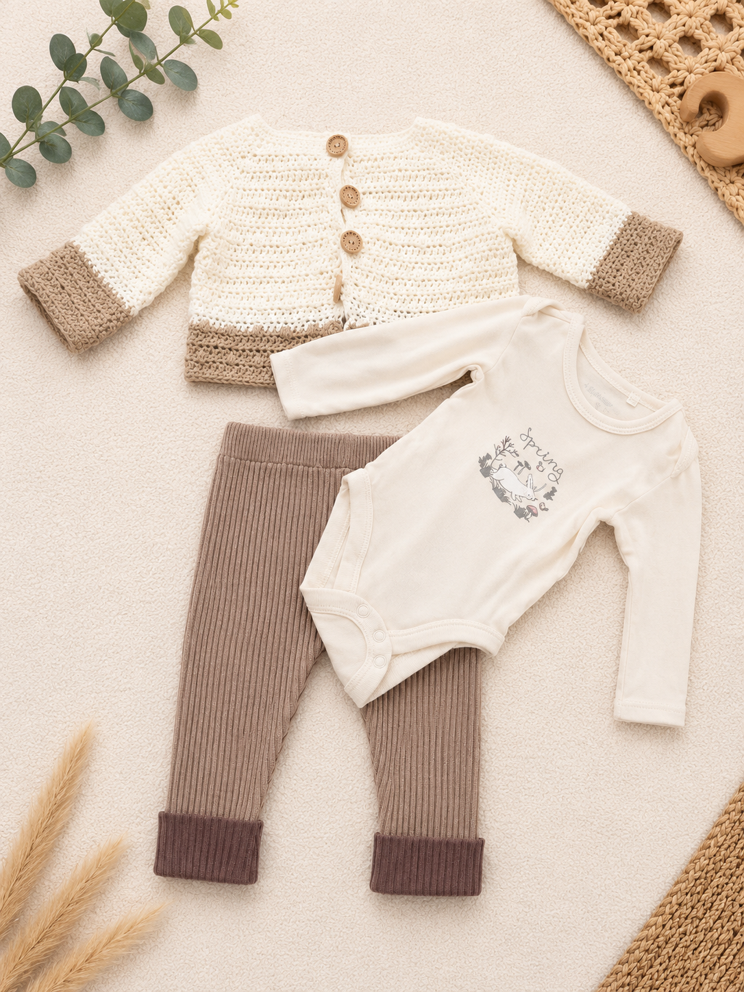 Baby Set Strickjacke & Body Beige