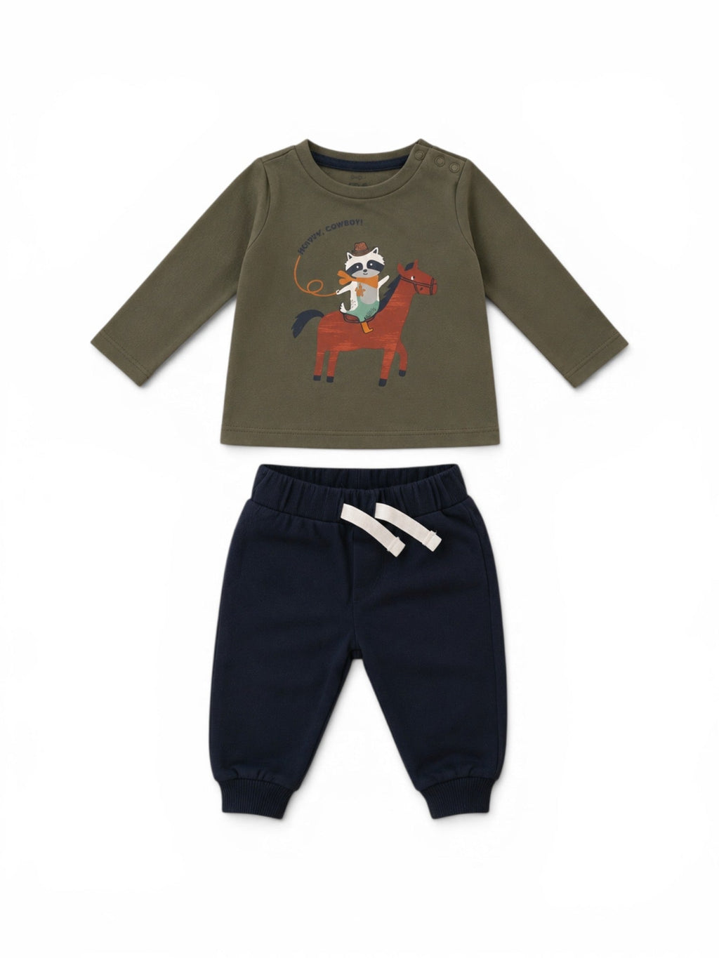 C&A 2-teiliges Set Olivgrün Waschbär-Pferd-Print & Navy Jogginghose