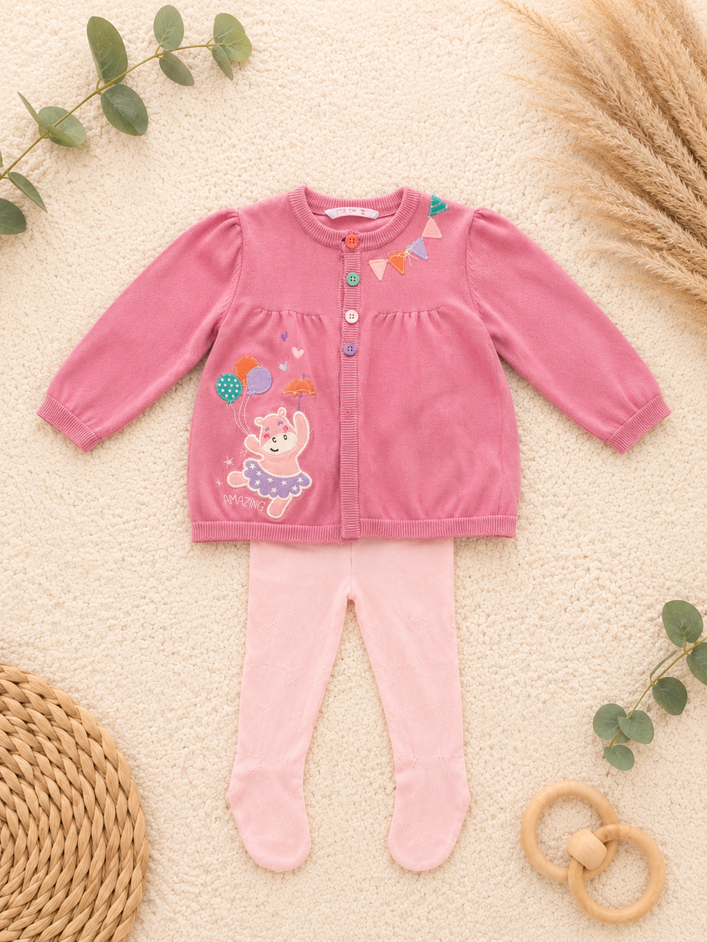 Set Pink Strickjacke Amazing Bär & Strumpfhose