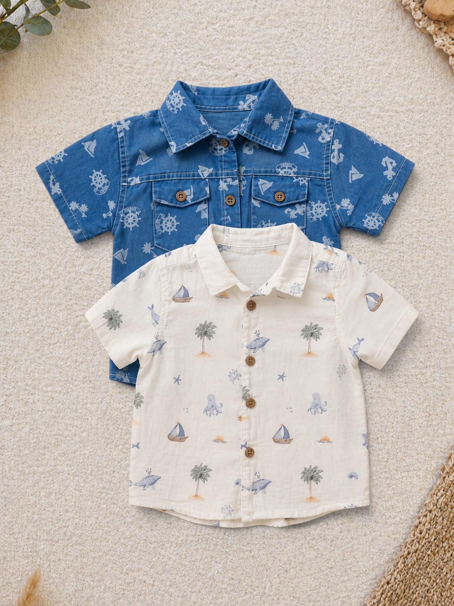 C&A 2er-Pack Kurzarmhemden Blau Maritim-Allover & Creme Sommer-Allover