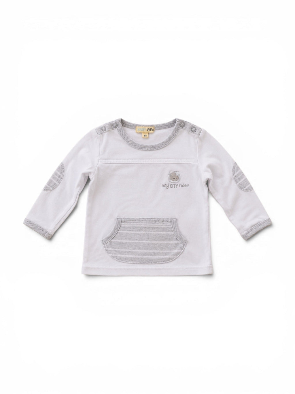 Langarm-Shirt Weiss My City Rider Bär-Stickerei Grau Ellbogenpatches