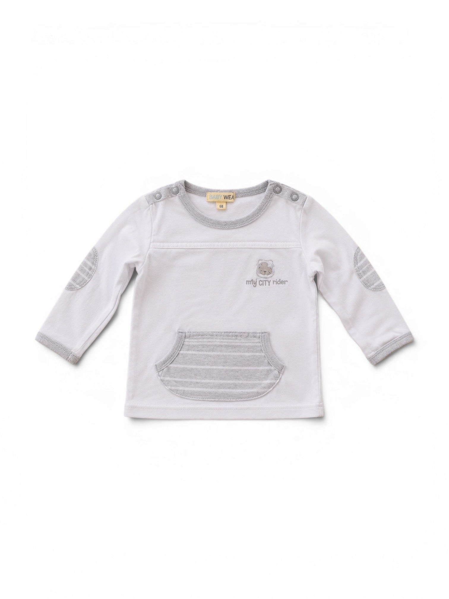 Langarm-Shirt Weiss My City Rider Bär-Stickerei Grau Ellbogenpatches