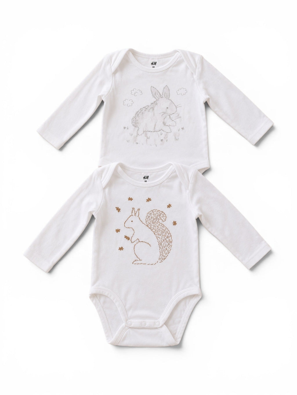 H&M 2er-Pack Langarm-Body Weiss Hase & Eichhörnchen-Print