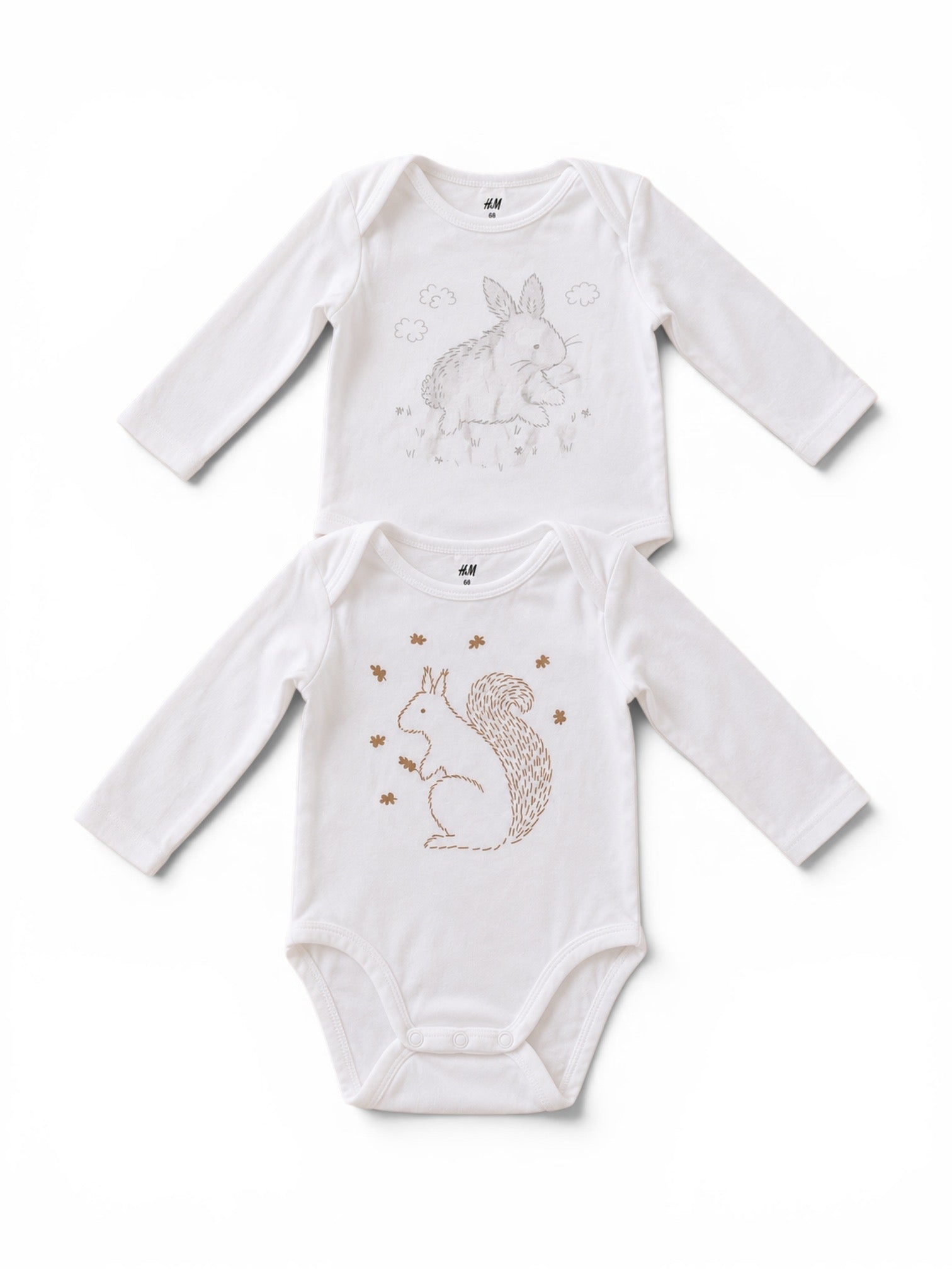 H&M 2er-Pack Langarm-Body Weiss Hase & Eichhörnchen-Print