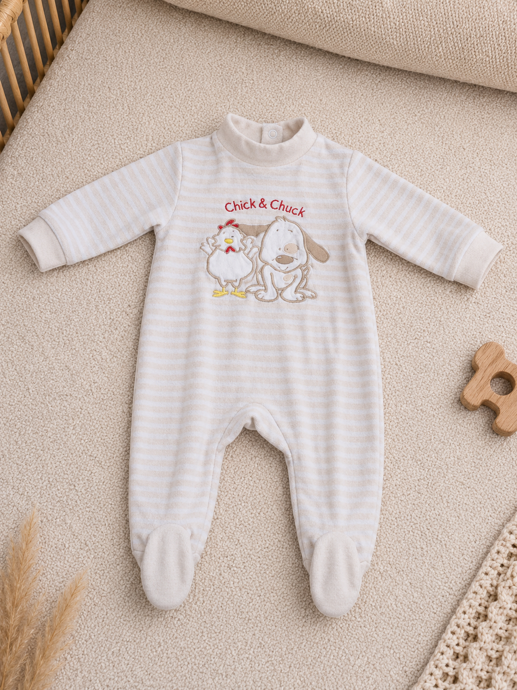 Chick & Chuck Baby-Strampler Creme Gestreift Hund & Huhn