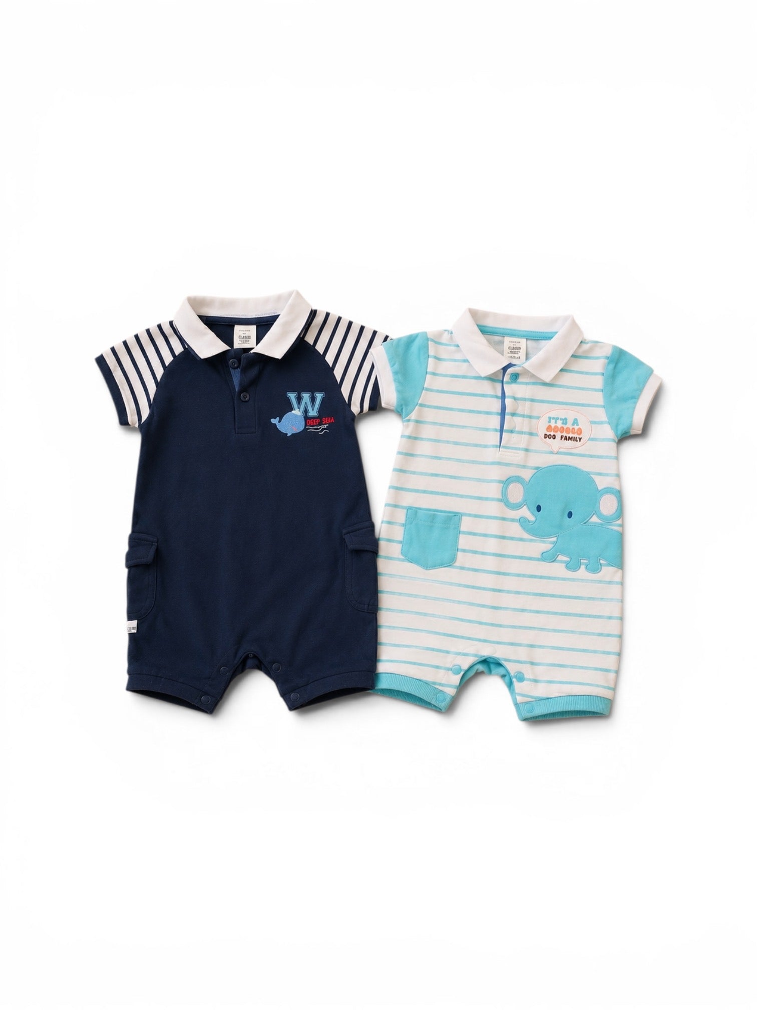 C&A 2er-Pack Kurzarm-Romper Navy Wal-Stickerei & Türkis-Weiss Gestreift Elefant