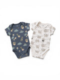 C&A 2er-Pack Kurzarm-Body Blaugrau Dino-Allover & Weiss Faultier-Allover