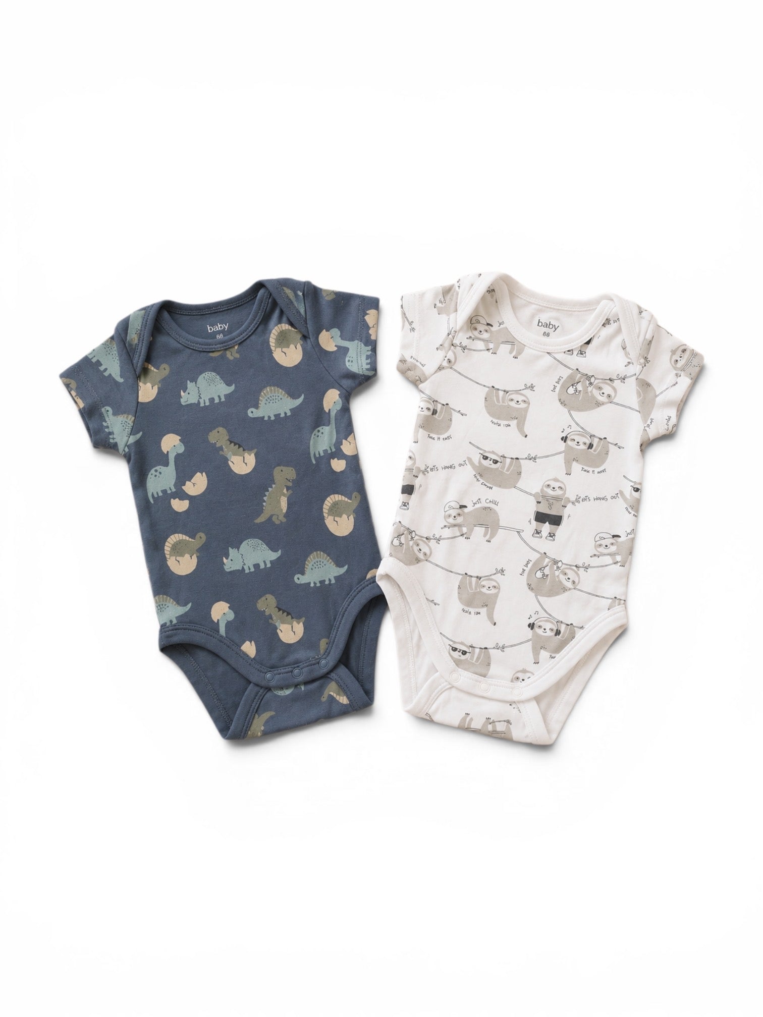 C&A 2er-Pack Kurzarm-Body Blaugrau Dino-Allover & Weiss Faultier-Allover
