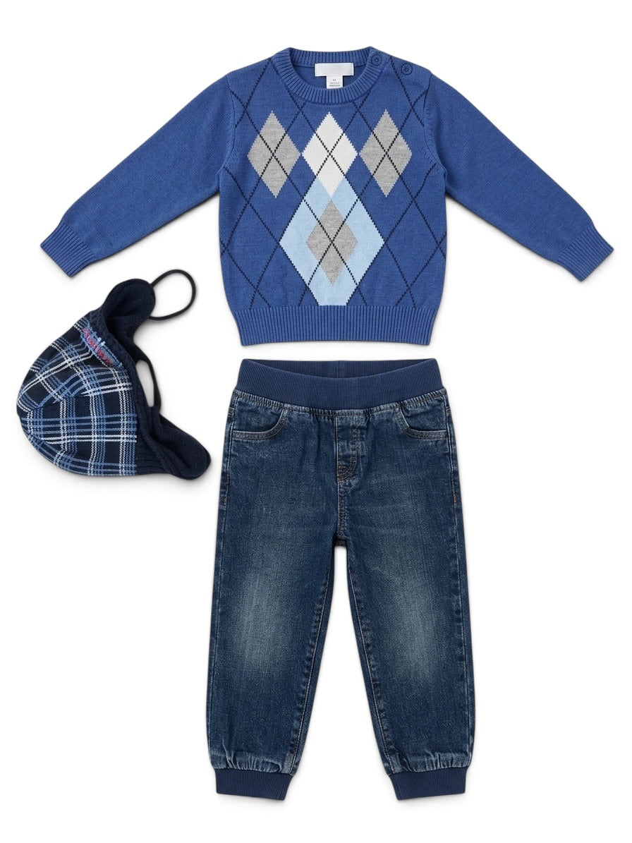 Strickpullover-Set Blau mit Jeans & Mütze