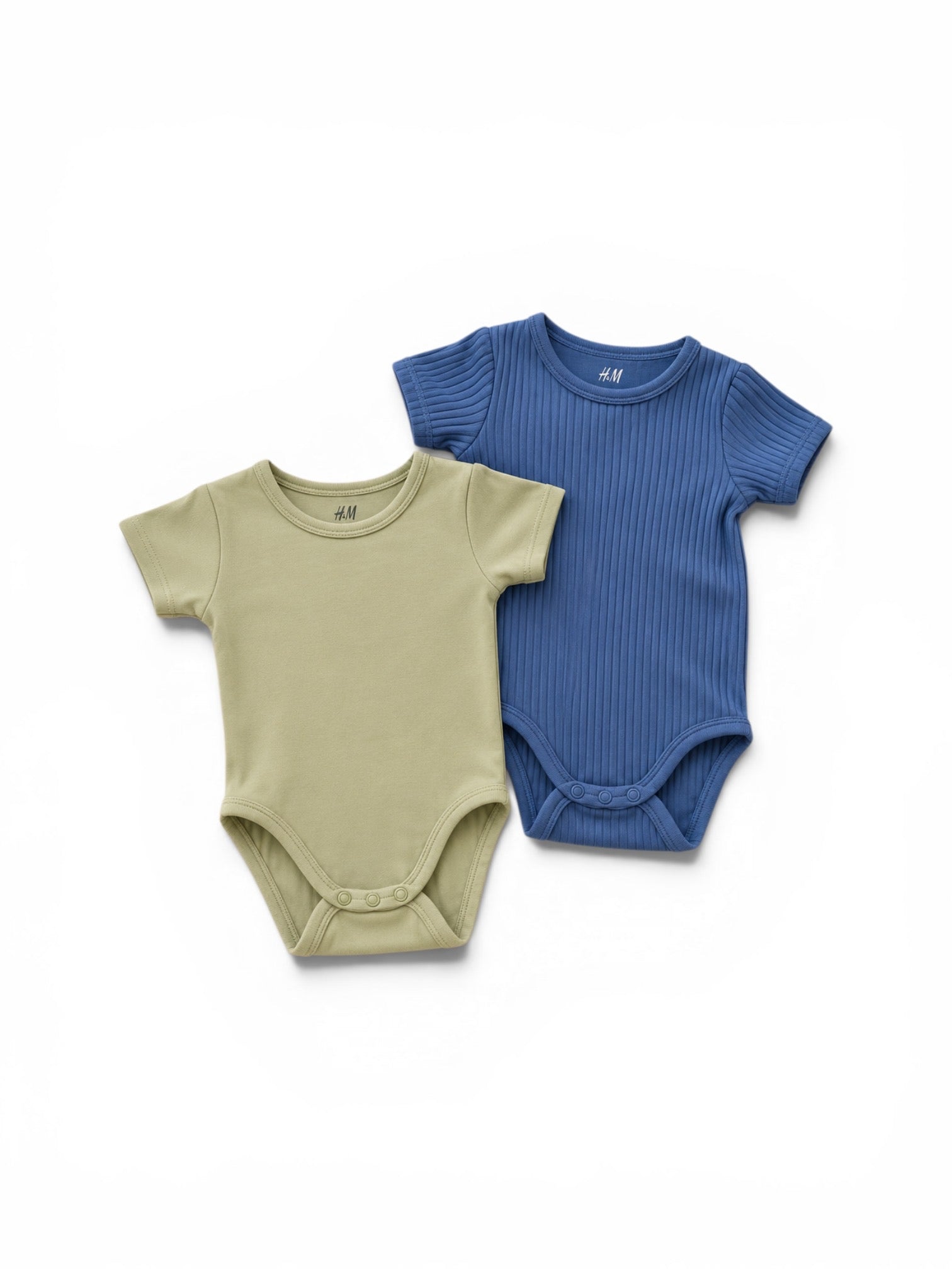 H&M 2er-Pack Kurzarm-Body Salbeigrün Uni & Blau Gerippt