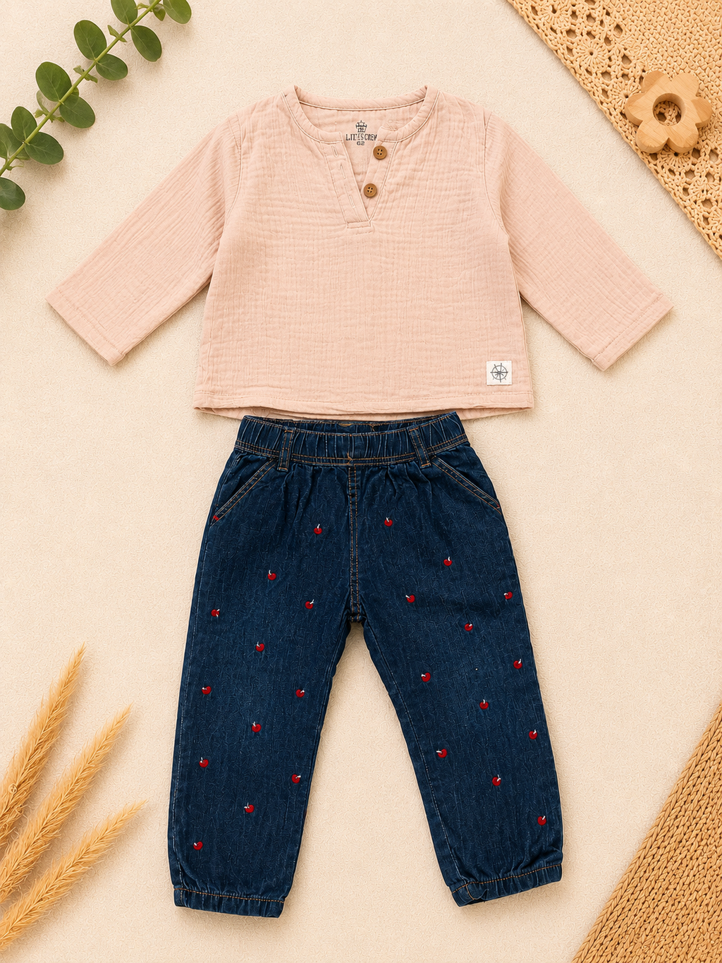 Set mit Musselin-Shirt & Jeans mit Kirschenmotiv