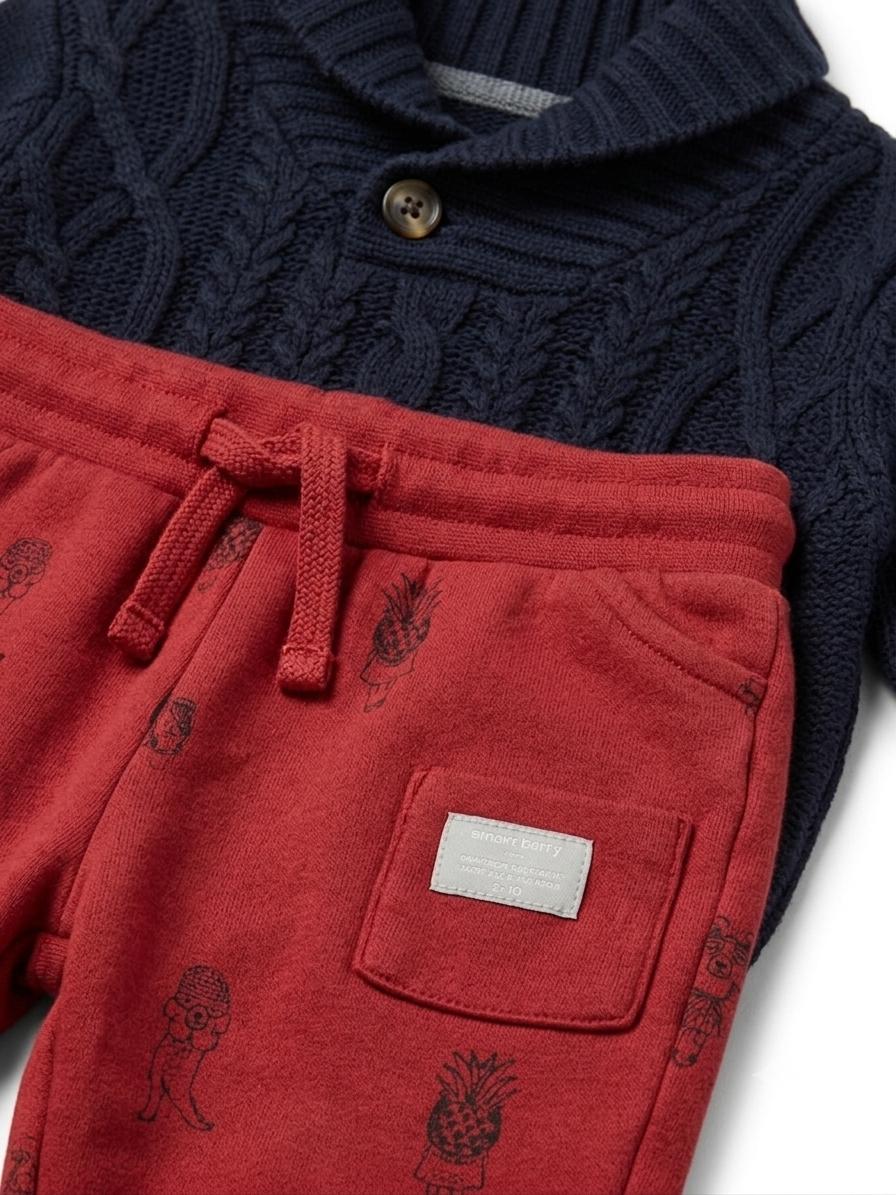 Strickpullover mit Hose Marineblau Rot