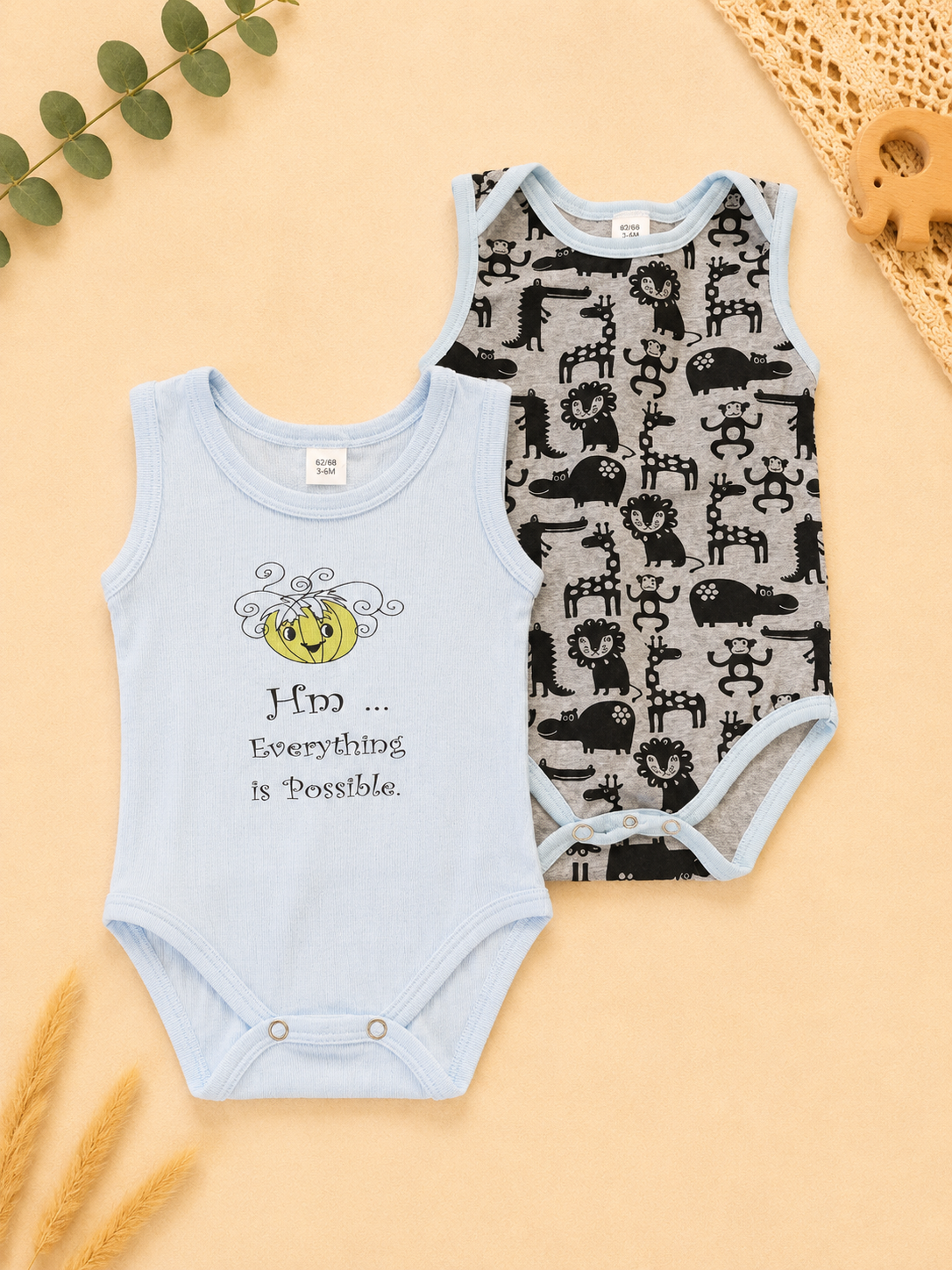 2er-Set ärmellose Bodys mit Tiermotiven