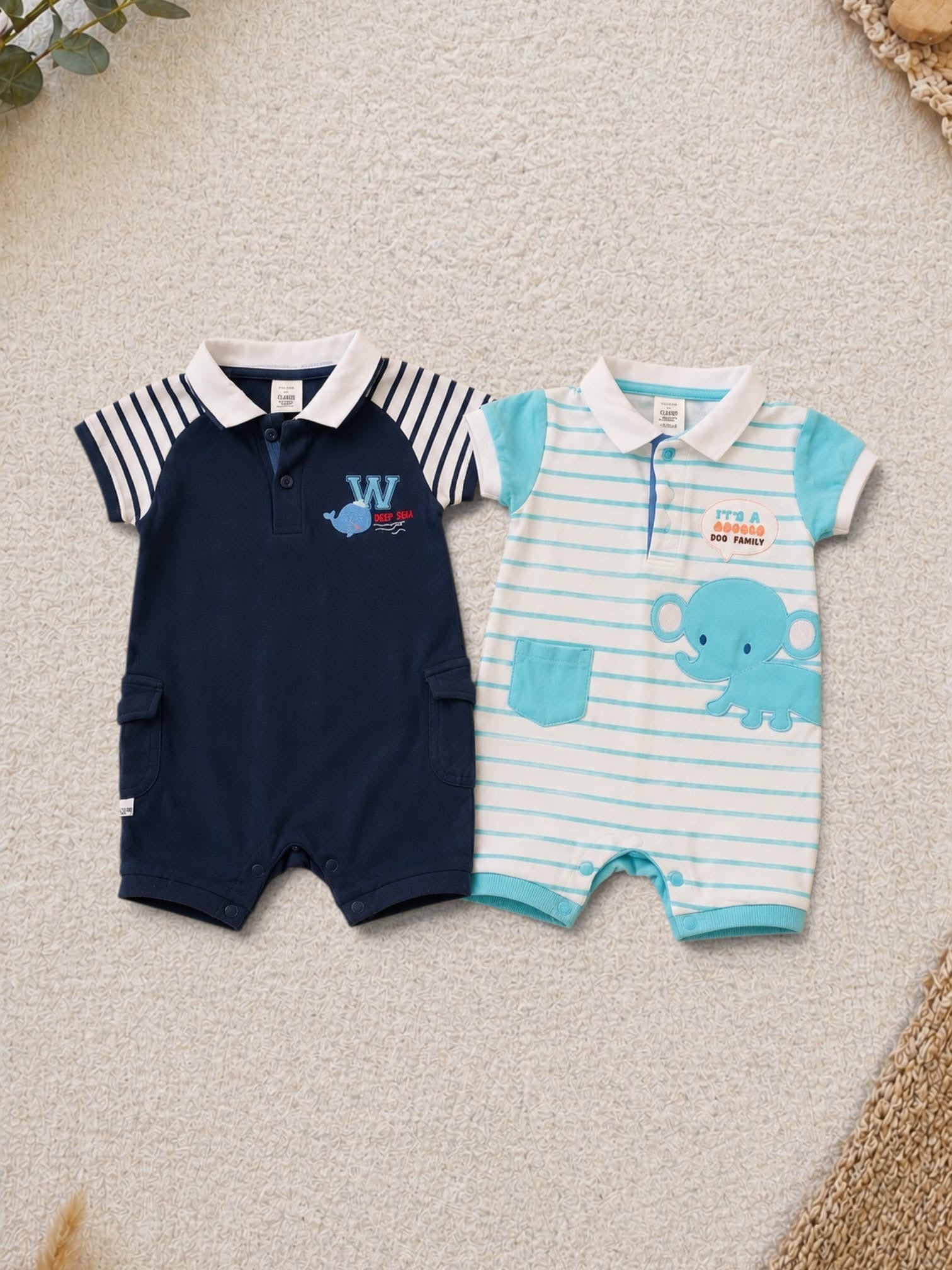 C&A 2er-Pack Kurzarm-Romper Navy Wal-Stickerei & Türkis-Weiss Gestreift Elefant
