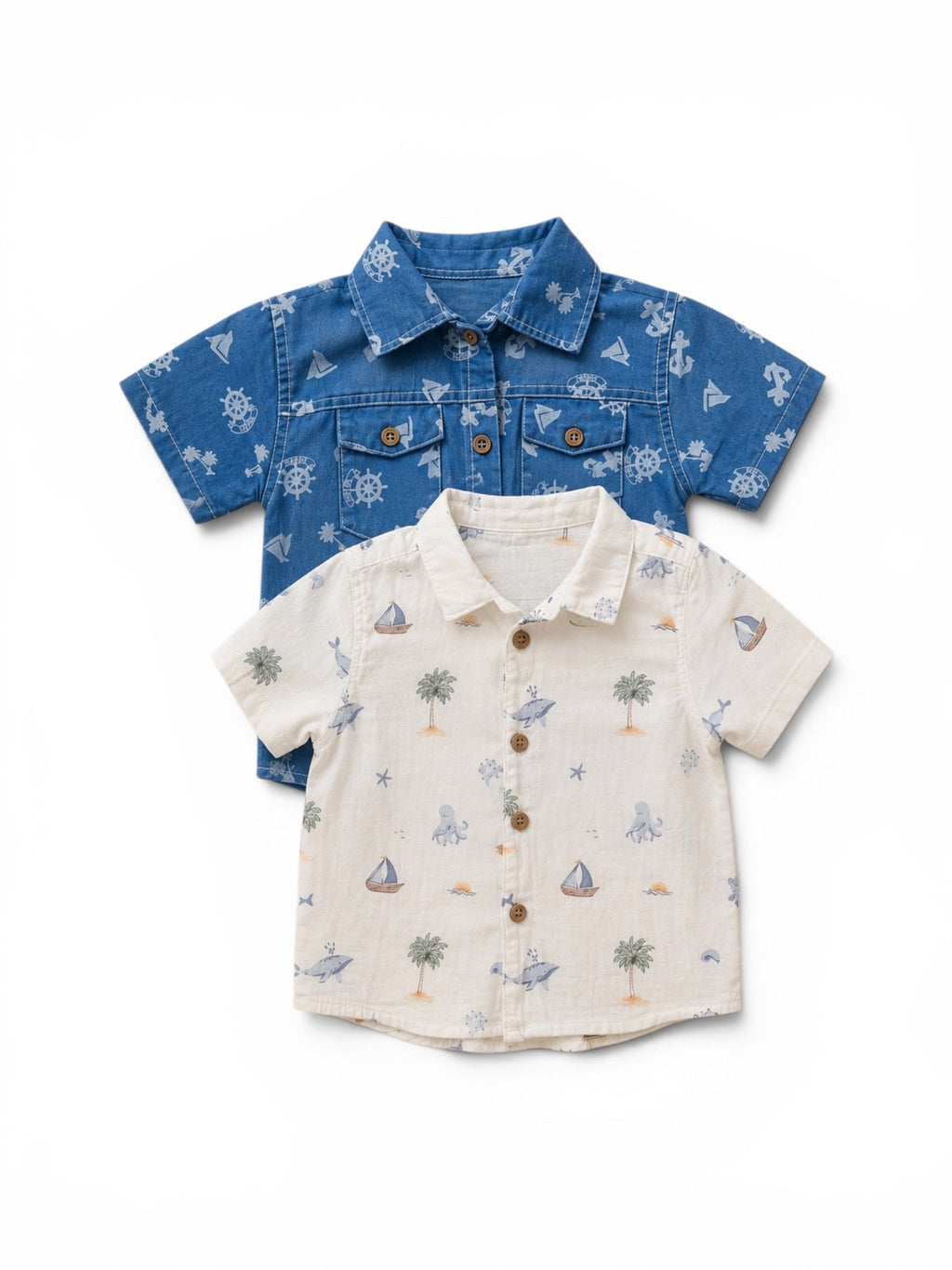 C&A 2er-Pack Kurzarmhemden Blau Maritim-Allover & Creme Sommer-Allover