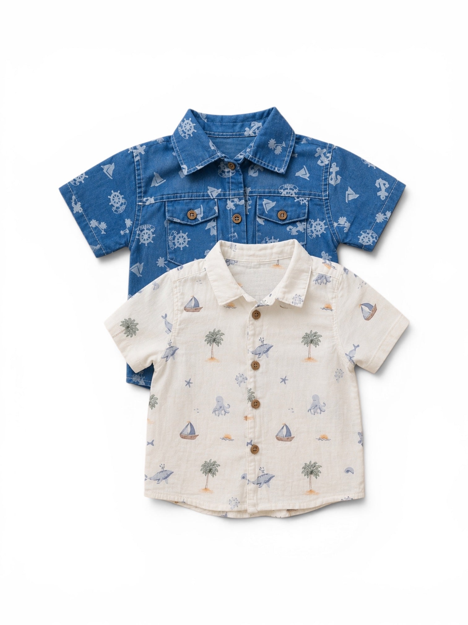 C&A 2er-Pack Kurzarmhemden Blau Maritim-Allover & Creme Sommer-Allover