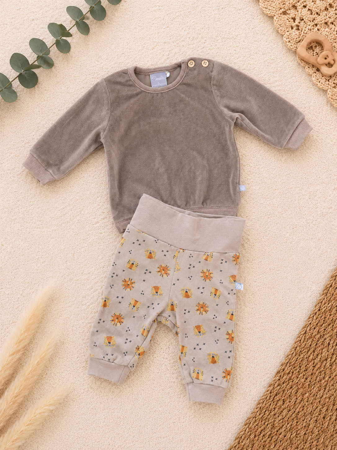 Småfolk Baby-Set Velours Taupe Löwen 2-teilig