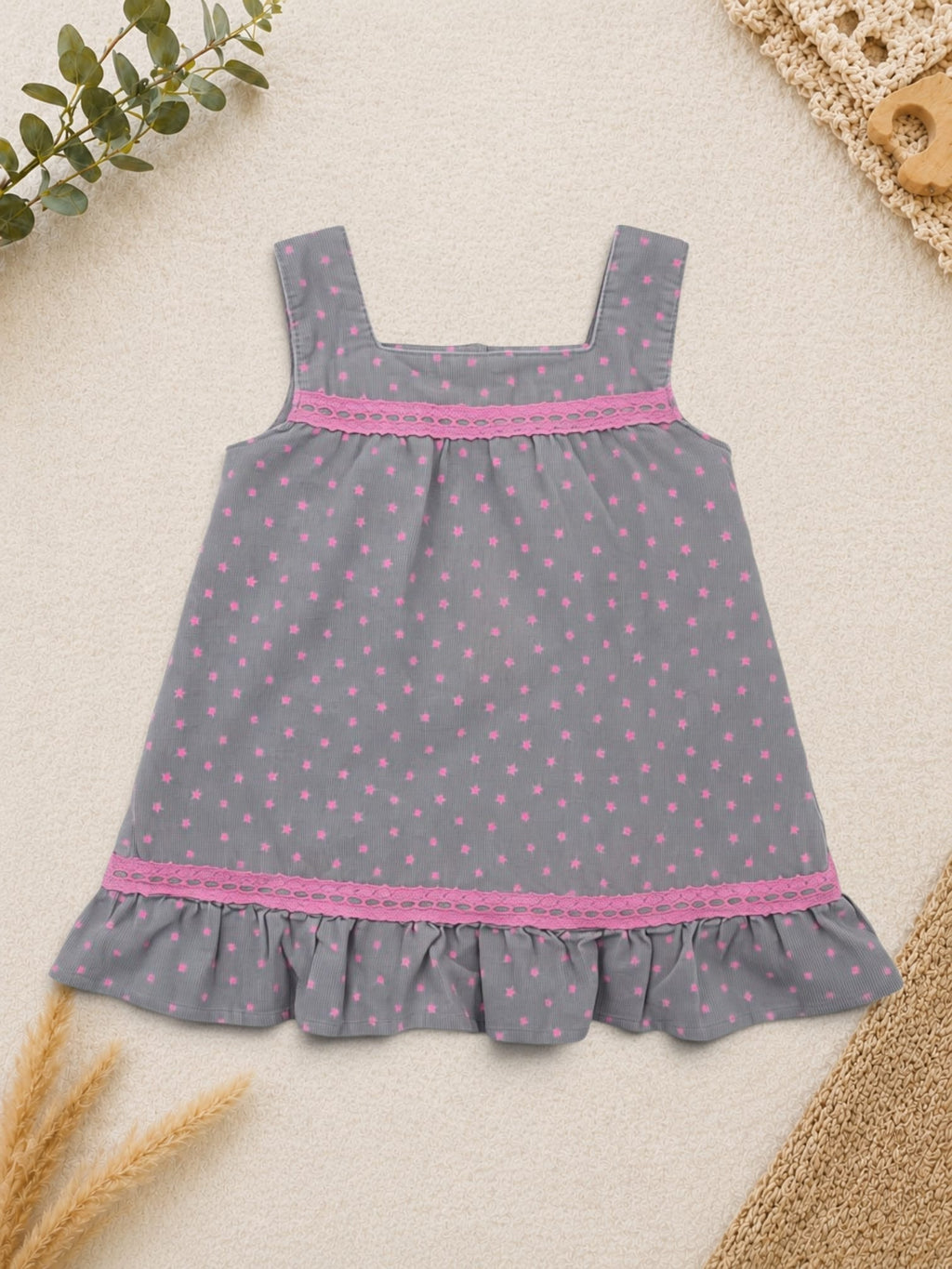 Sommerkleid Grau mit rosa Sternchen