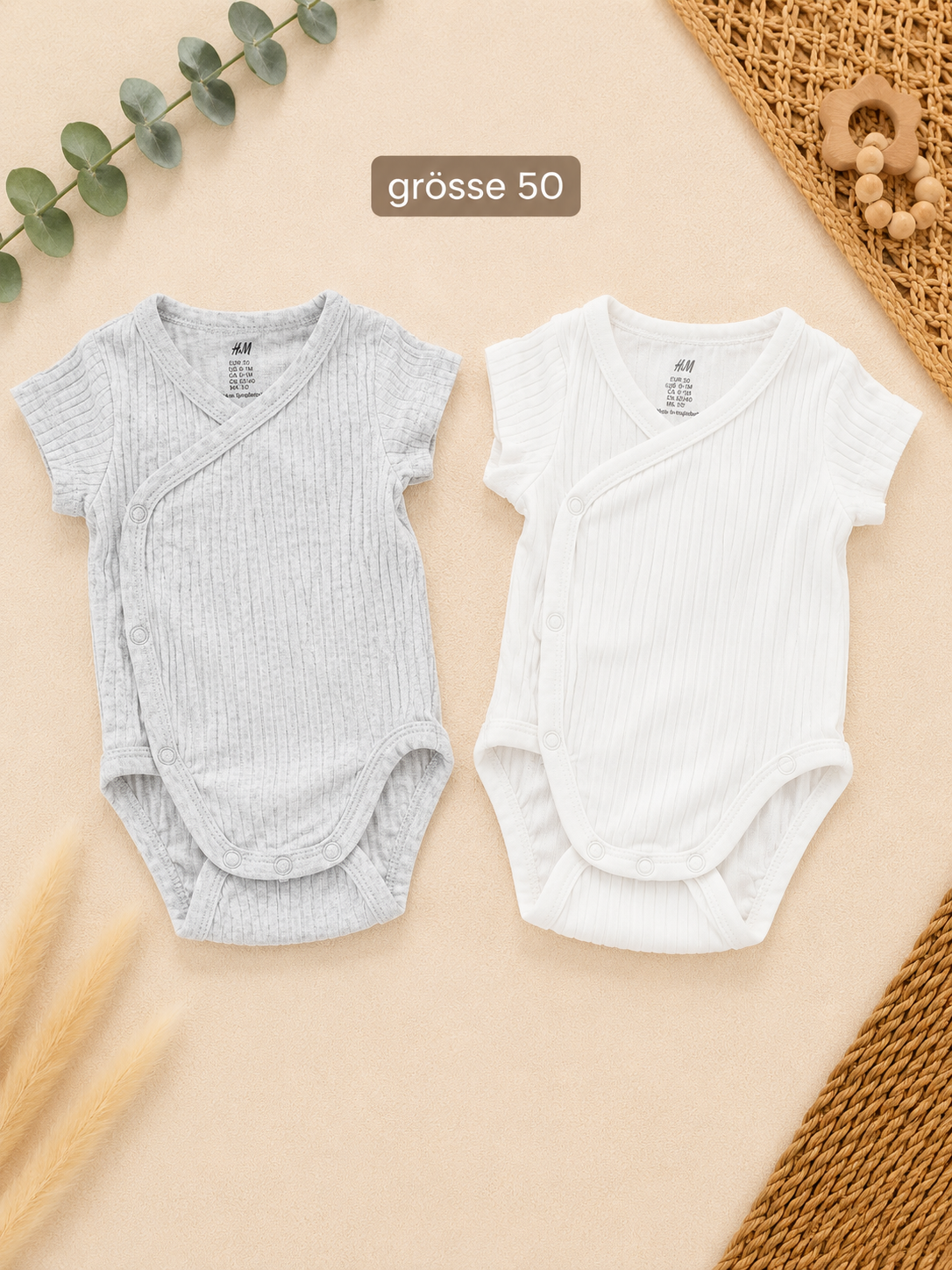 H&M Baby-Wickelbodys Kurzarm 2er-Set Grau Weiß