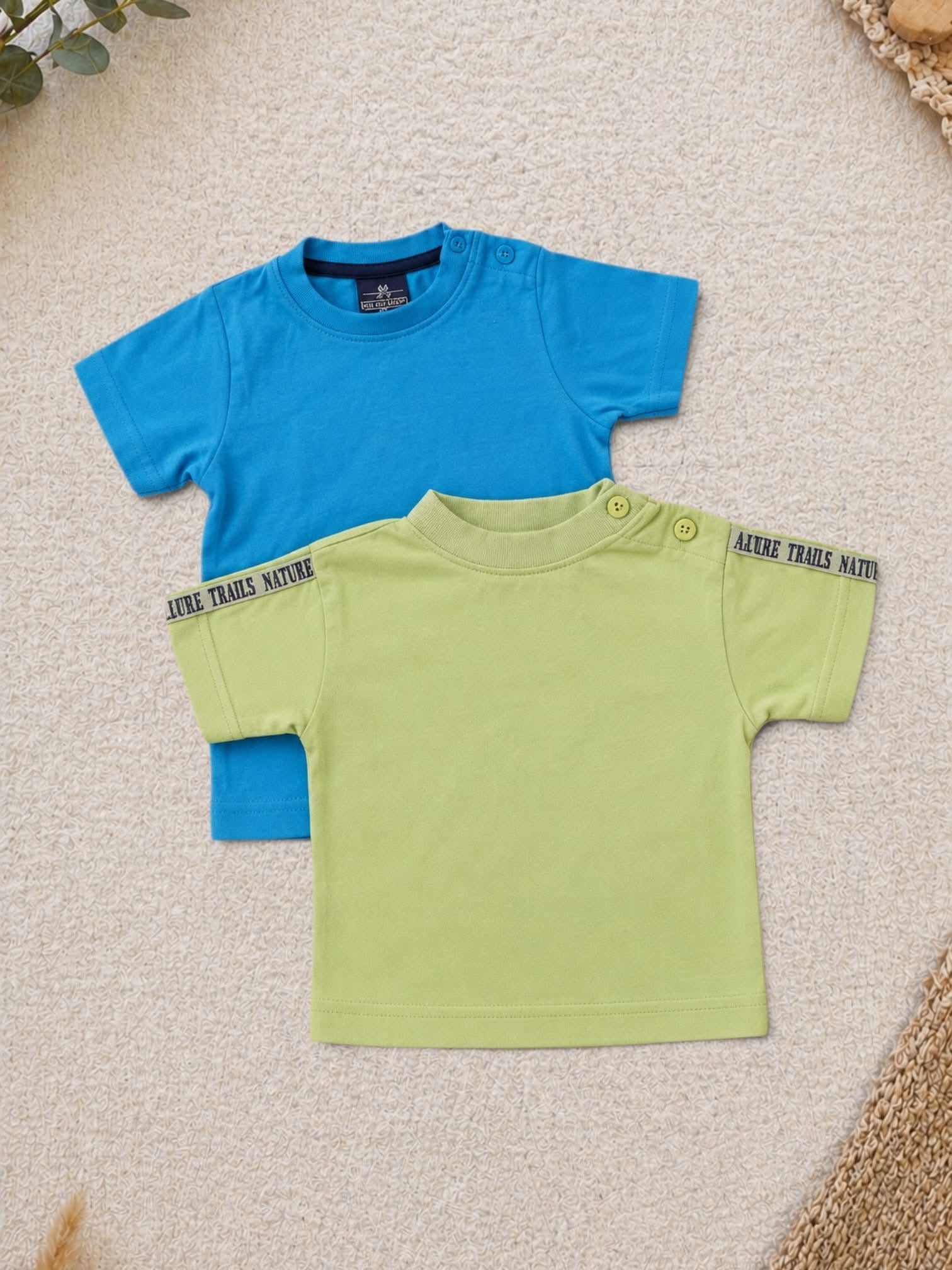 Naturaline 2er-Pack Kurzarm-T-Shirt Türkis Uni & Hellgrün Nature Trails Schulterknopf