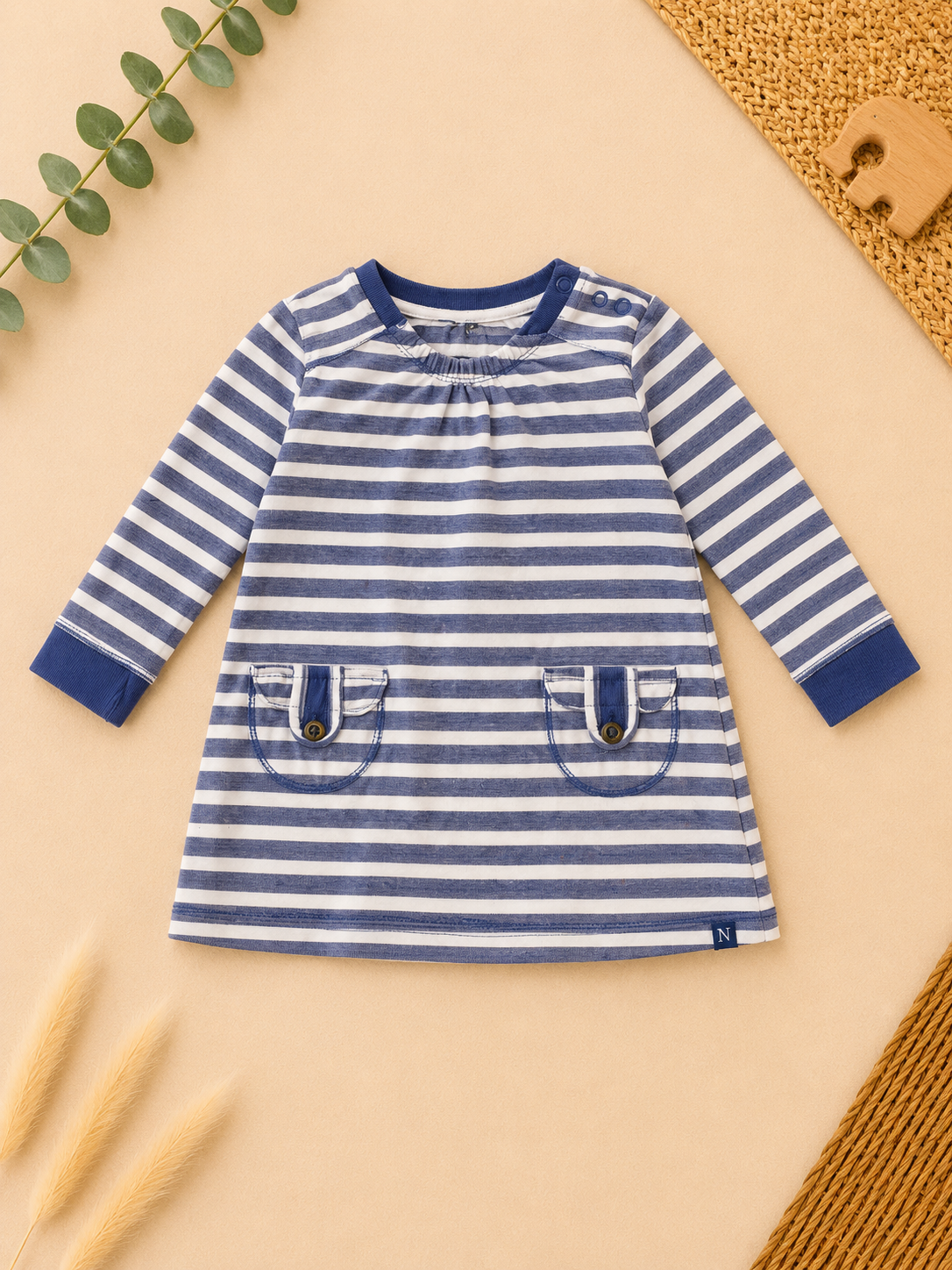 Gestreiftes Langarmkleid Blau-Weiss