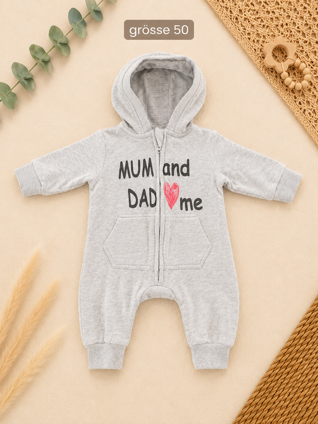 Baby-Kapuzenoverall Grau MUM and DAD Love Me