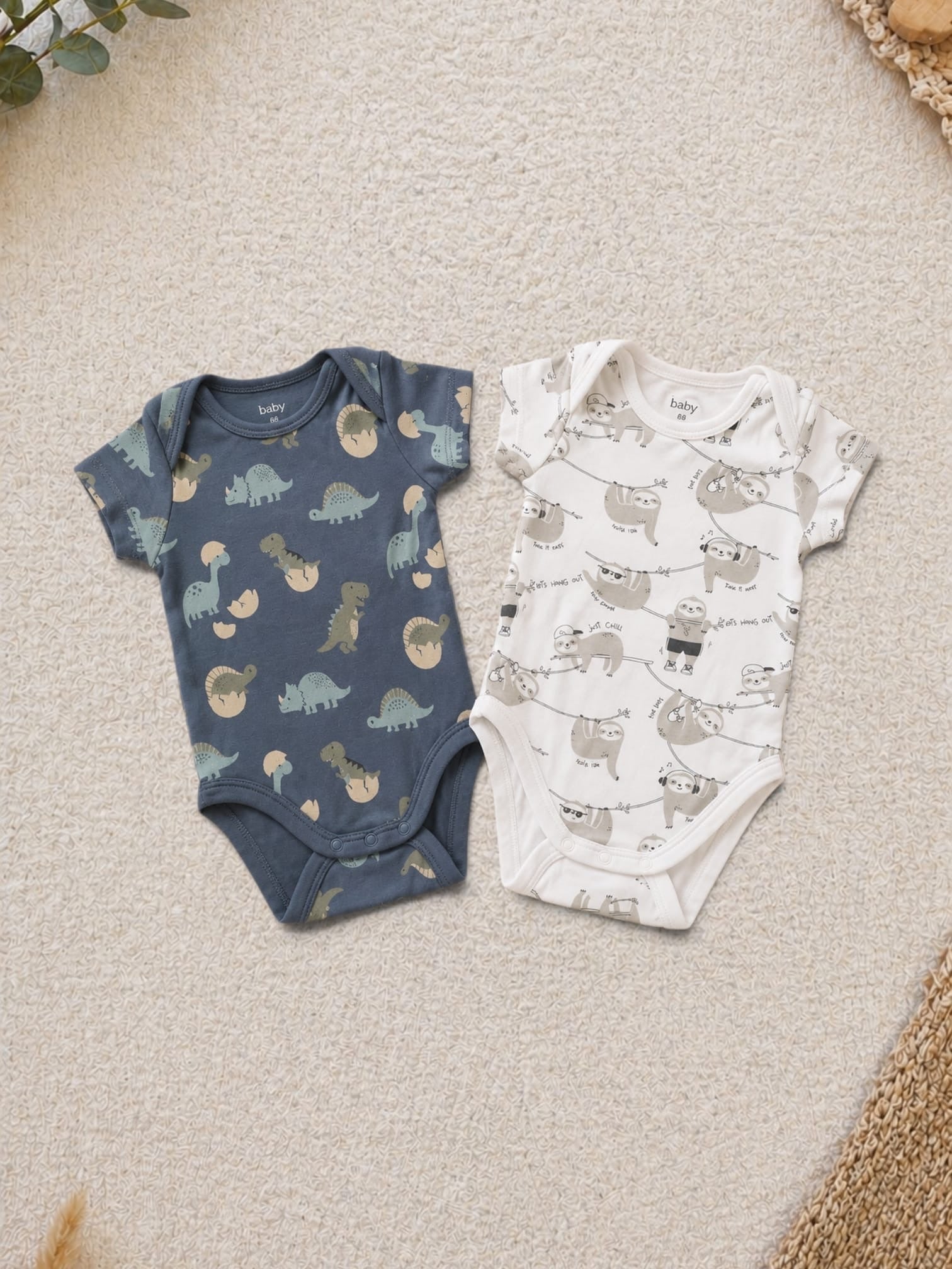 C&A 2er-Pack Kurzarm-Body Blaugrau Dino-Allover & Weiss Faultier-Allover