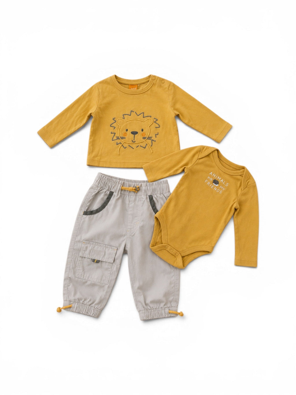 3-teiliges Set Senfgelb Löwen-Stickerei Langarm-Shirt & Body Animals Are My Friends & Hellgraue Cargohose