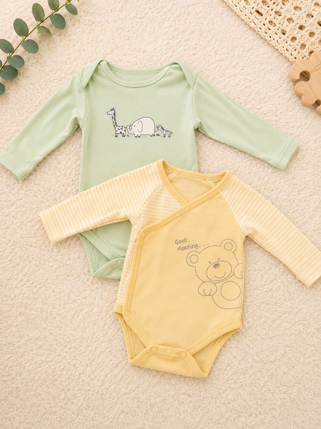 Baby Body 2er-Set Gelb & Grün mit Tiermotiven – Unbekannt