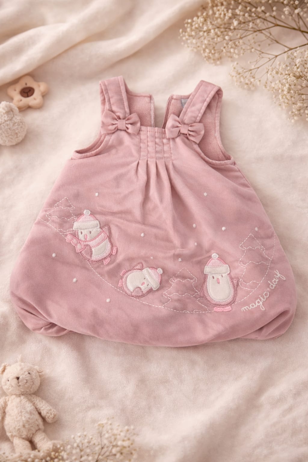 🐧Robe bébé rose doublée à motifs pingouins