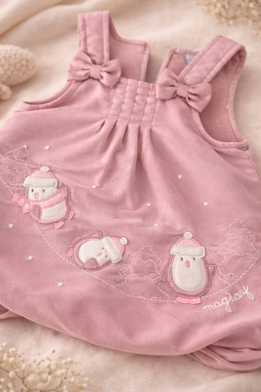 🐧Robe bébé rose doublée à motifs pingouins