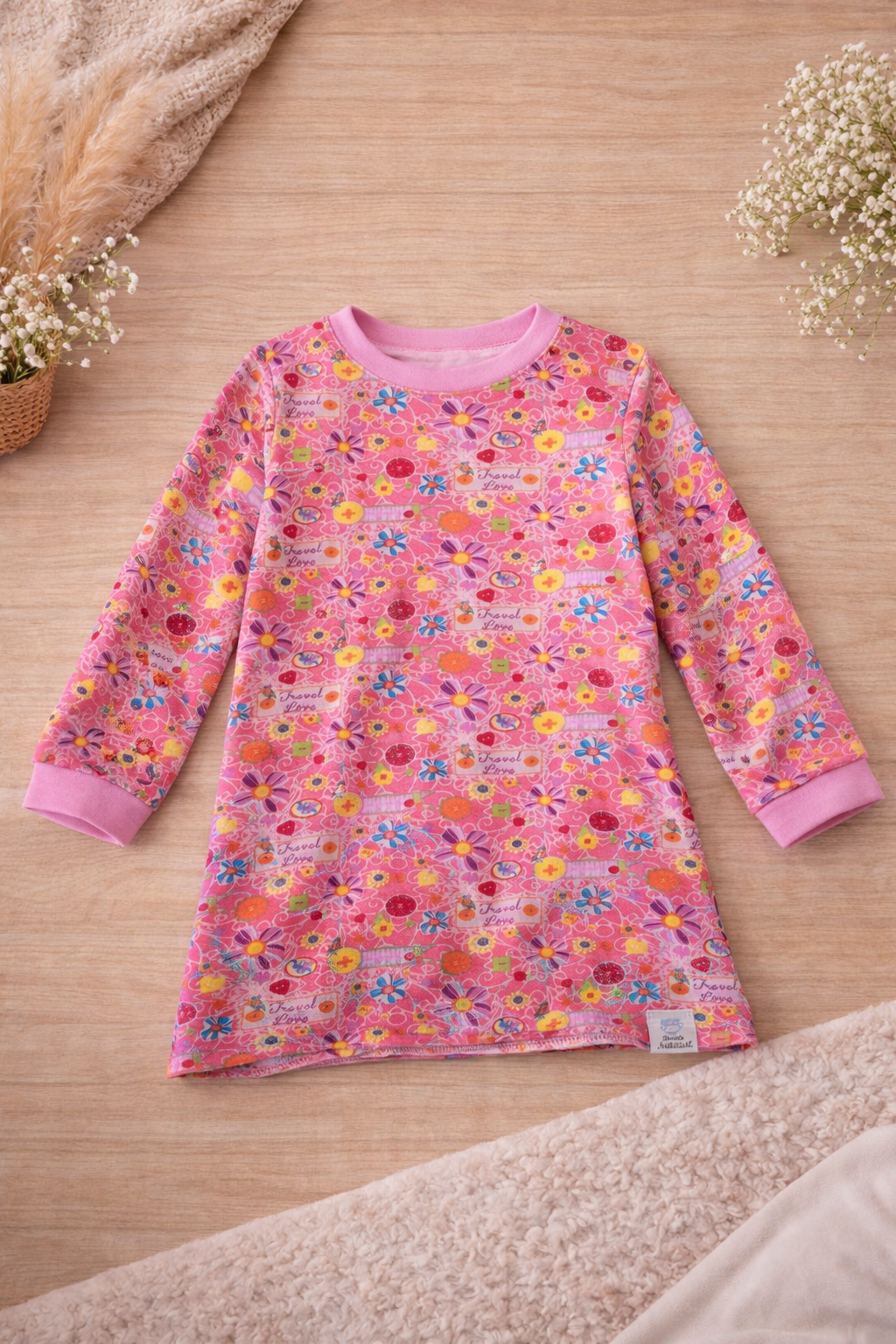 Mädchen Langarmshirt Pink mit Blumenmuster 100% Baumwolle
