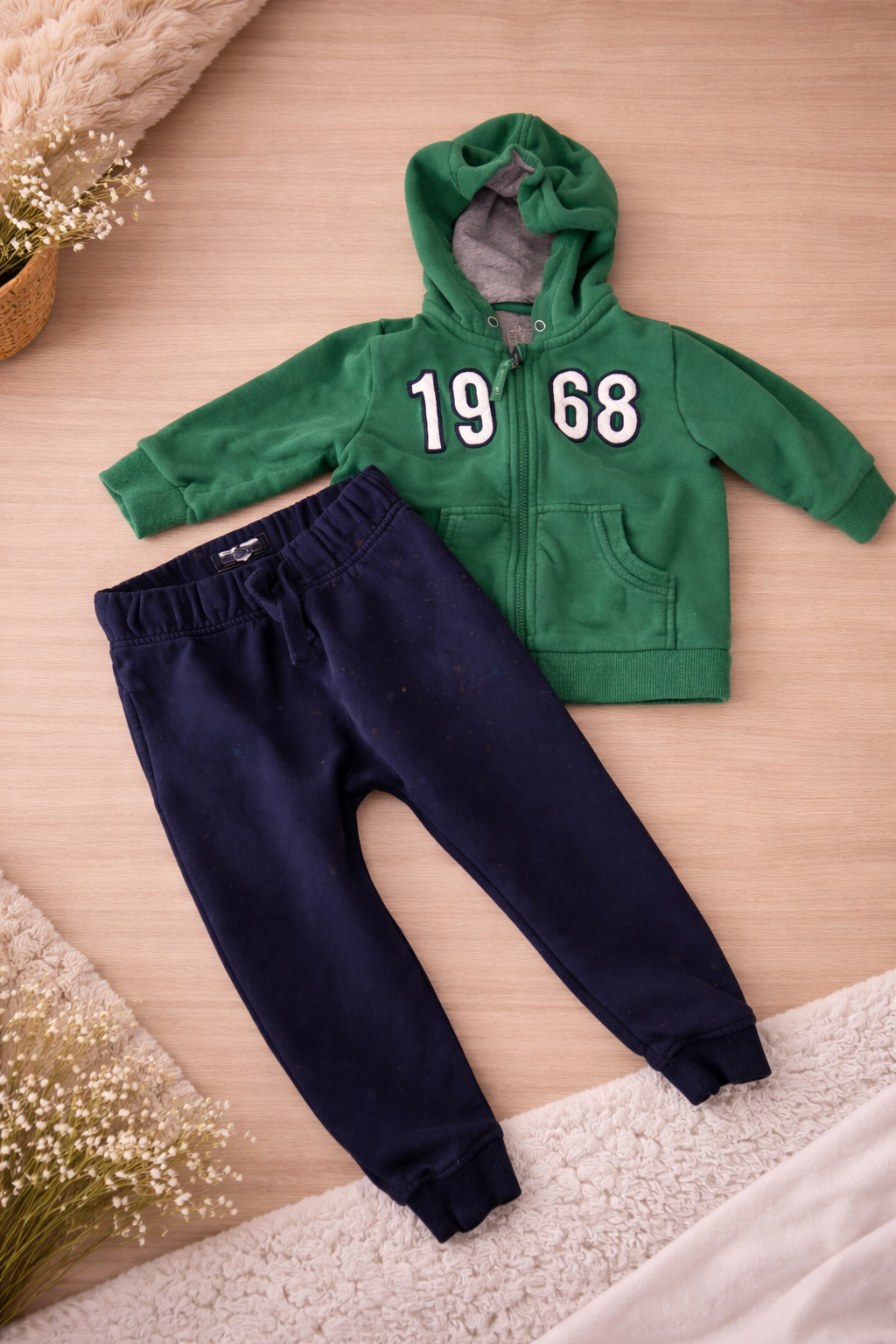 Kinder Outfit Hoodie Grün & Jogginghose Blau