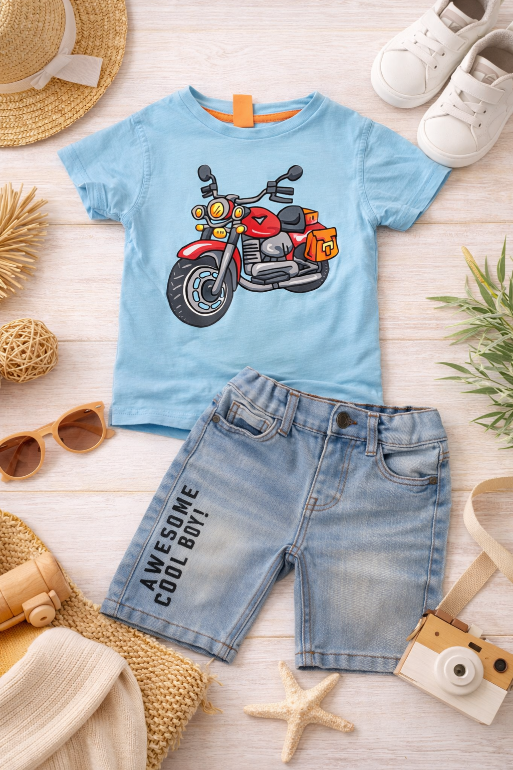 Boy's Summer Outfit - T-Shirt & Denim Shorts - Blue