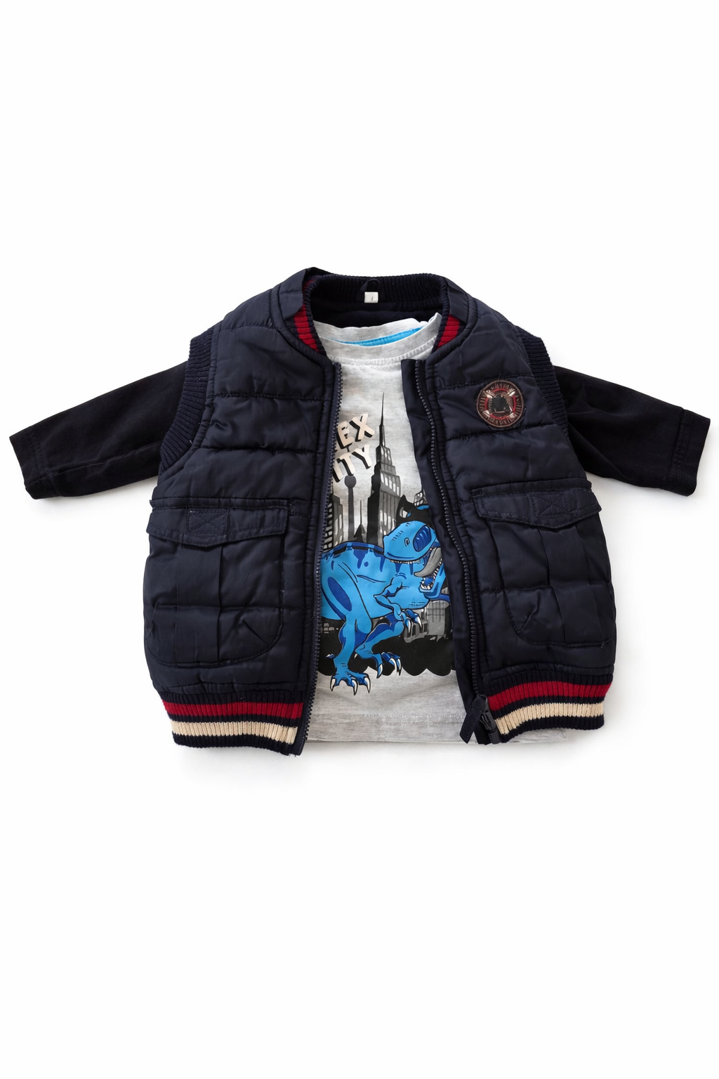 Tenue cool pour garçon avec imprimé dinosaure et gilet matelassé