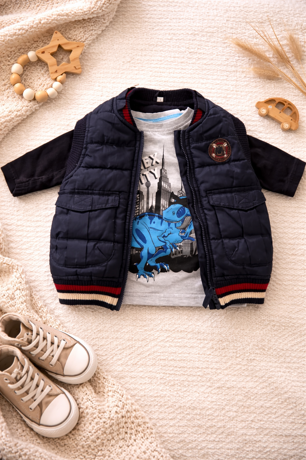 Tenue cool pour garçon avec imprimé dinosaure et gilet matelassé