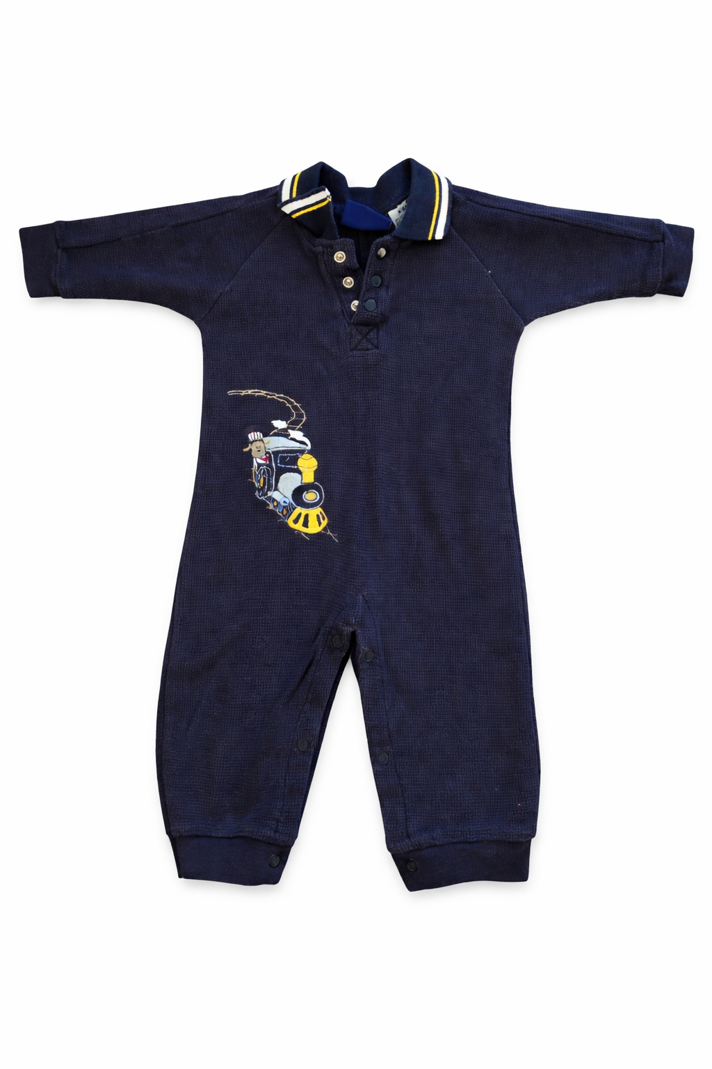 Overall dunkelblau mit Zug-Motiv
