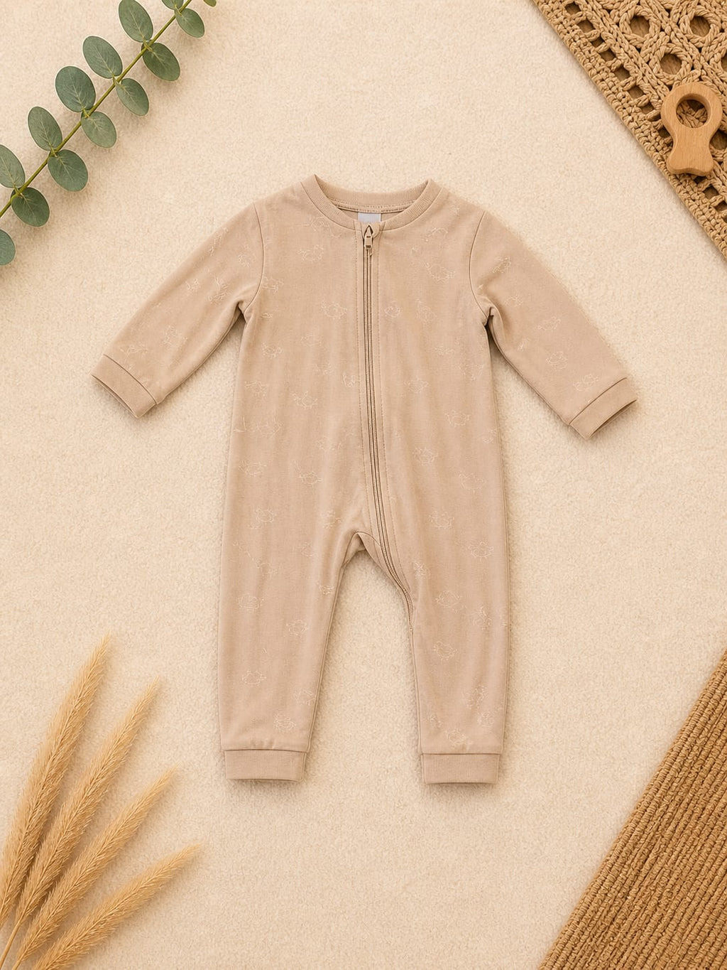 Baby Overall / Schlafanzug Beige mit Reißverschluss