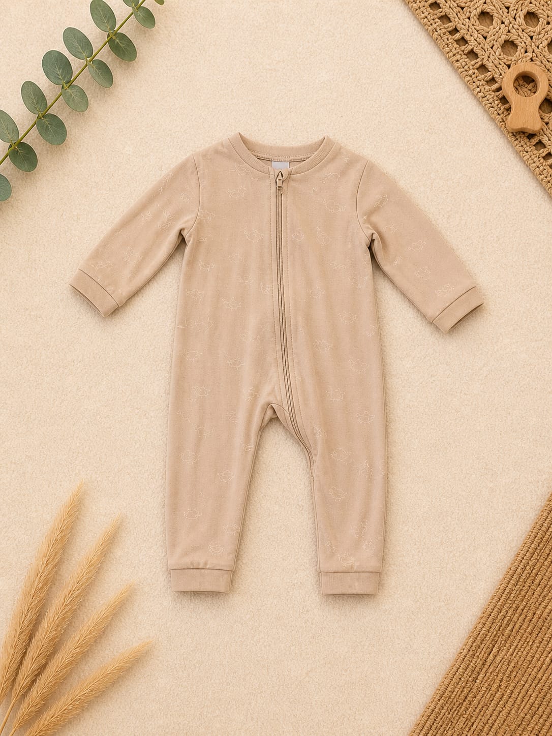 Baby Overall / Schlafanzug Beige mit Reißverschluss