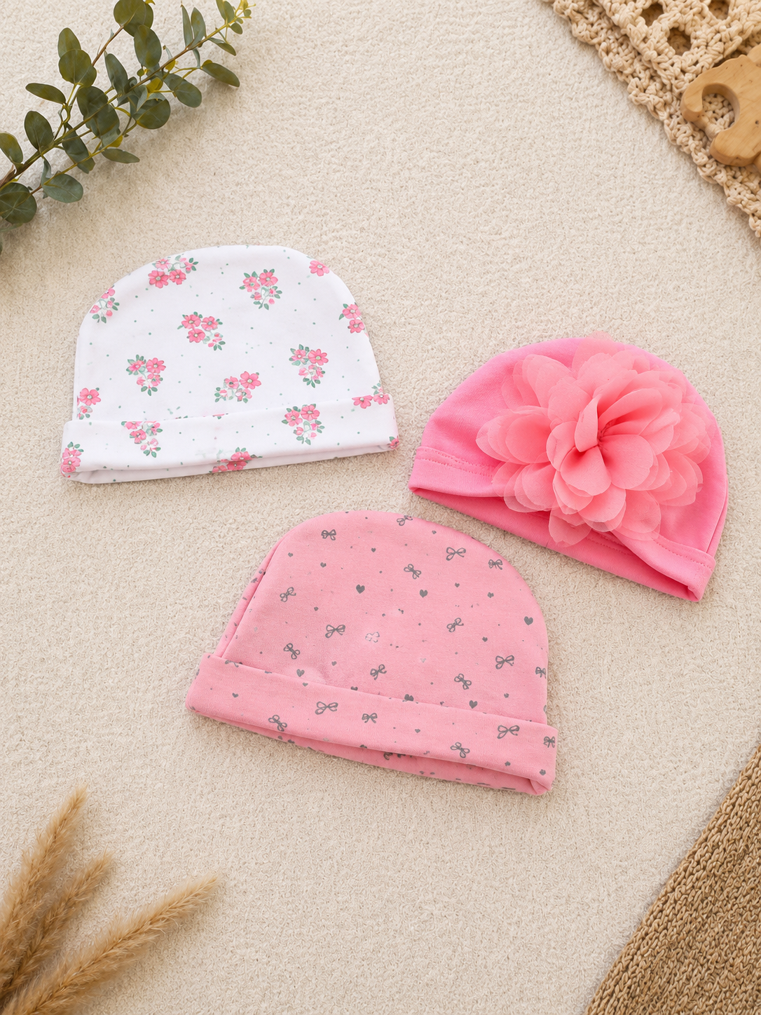 Baby Mützen 3er-Set Rosa mit Blumen & Schleifen
