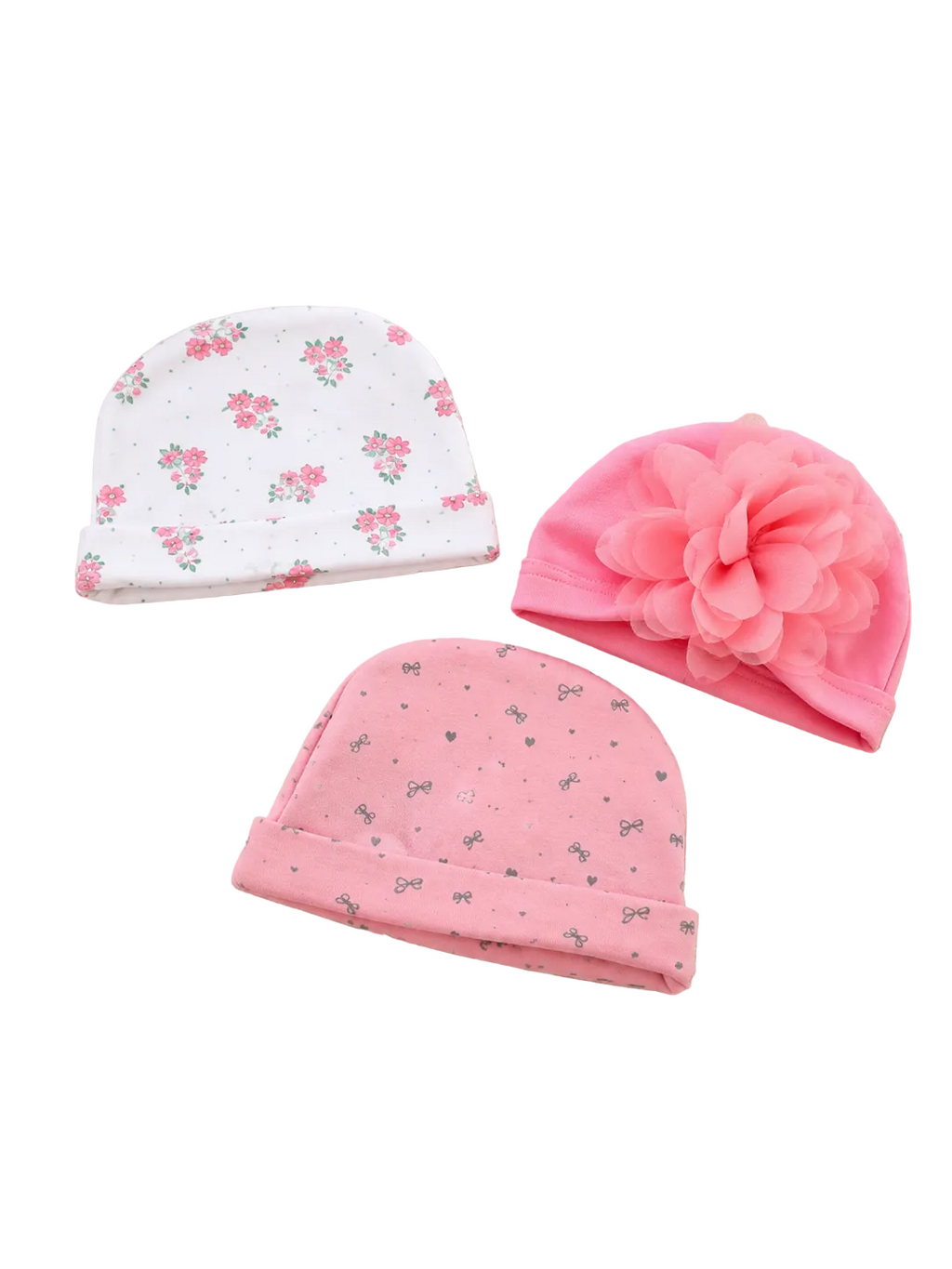 Baby Mützen 3er-Set Rosa mit Blumen & Schleifen