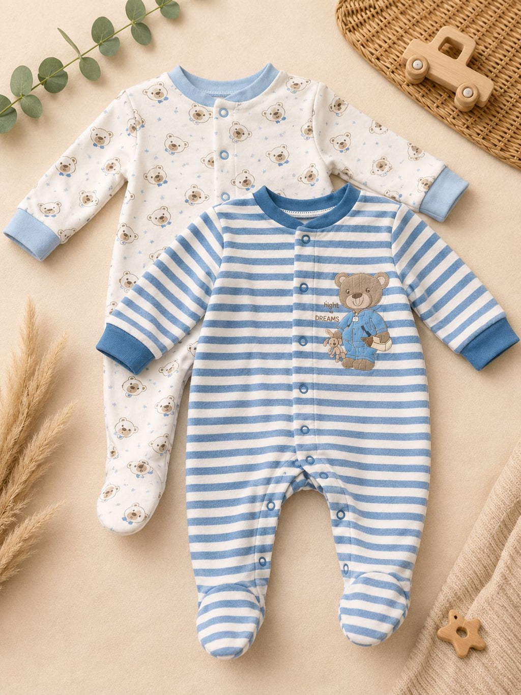 2er Set Babystrampler Bär Blau