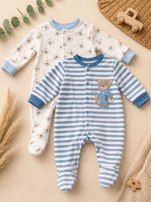2er Set Babystrampler Bär Blau