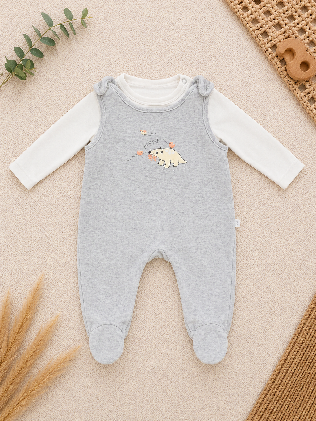 Baby Strampler Grau mit Bärenmotiv