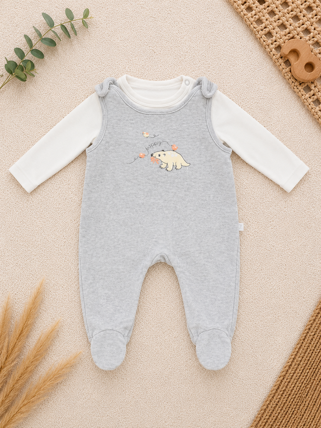 Baby Strampler Grau mit Bärenmotiv