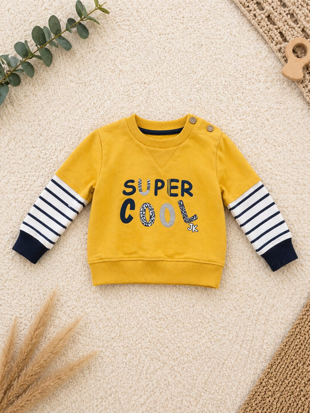 Baby Sweatshirt "Super Cool" – Gelb mit Streifenärmeln